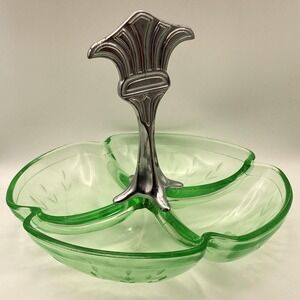 1 - Divided Uranium Green Glass Four Section Tray With Metal Handle / UV Glow